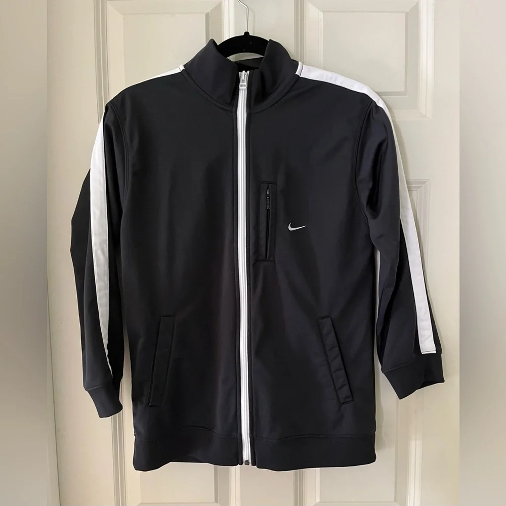 - Y2K kids Nike Black track suit zip up jacket with white arm stripes, retro M